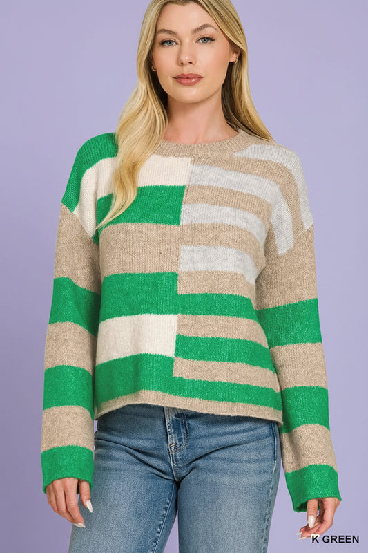 Kelly green color block wool blend sweater with ribbed trim and relaxed fit