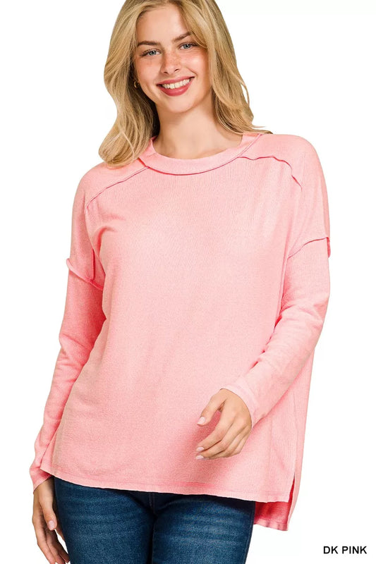 Zenana Melange Hacci Exposed Seam Hi-low Tee