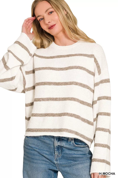 Mocha wool blend striped sweater with horizontal stripes, long sleeves, relaxed boutique style view 1