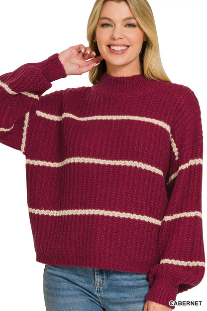Oversized cabernet striped sweater with soft knit fabric, ribbed trim, relaxed boutique fall style view 1