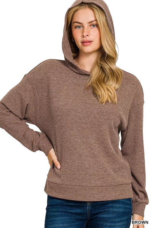 Zenana Ribbed Long Sleeve Hoodie In Brown