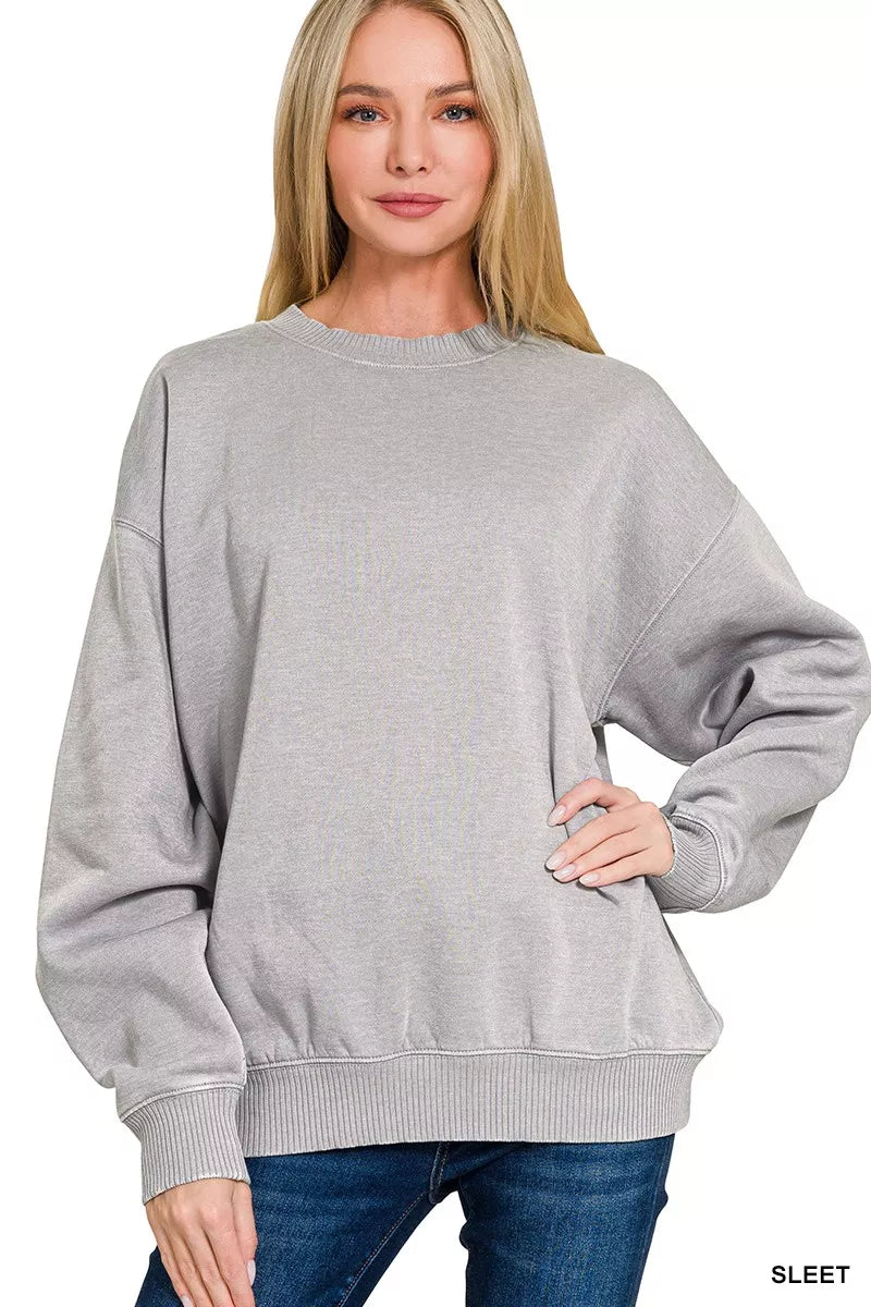 Sleet acid wash fleece sweatshirt with round neckline, vintage washed finish, cozy casual boutique style view 1