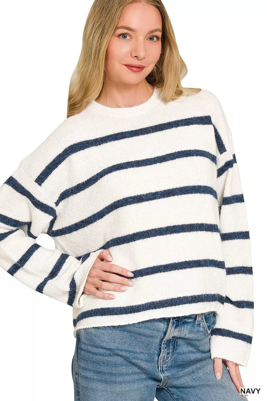 Navy wool blend striped sweater with ribbed details, raw hem, and relaxed fit
