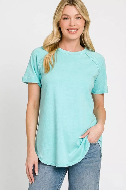 Zenana washed french terry curved hem women's top
