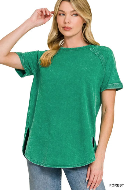 Zenana washed french terry curved hem women's top
