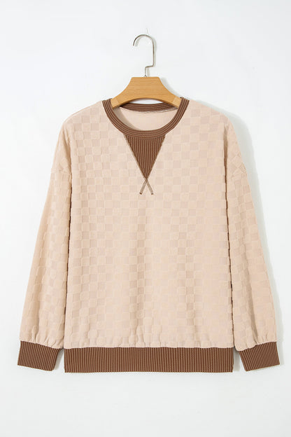 Parchment parchment checker corded knit contrast trim top with boutique fashion styling