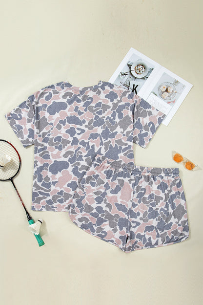 Multicolour Plus size multicolor camo tee and drawstring shorts set with relaxed fit and casual boutique loungewear style