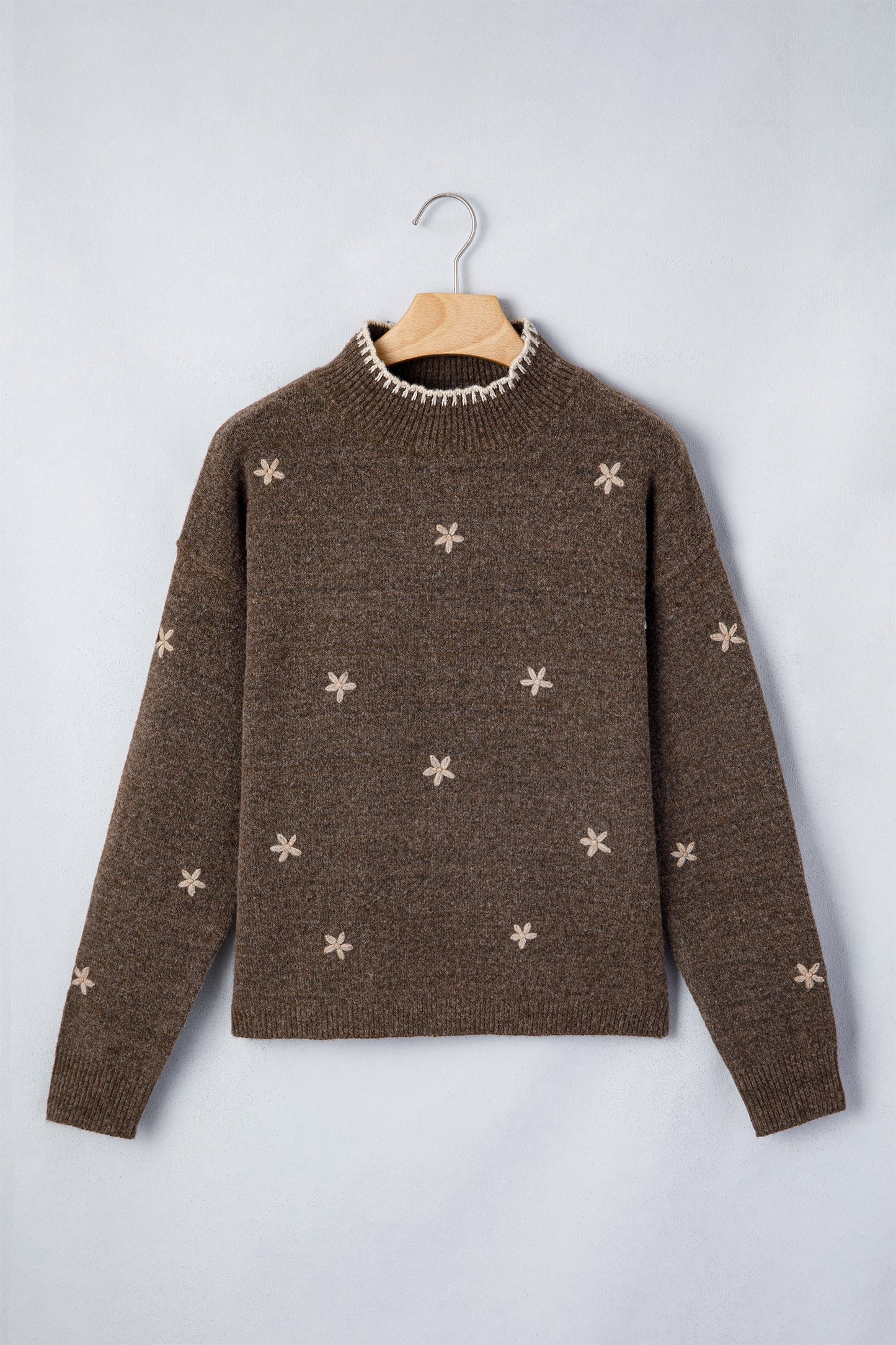 Chicory Coffee Floral Embroidered Mock Neck Long Sleeve Sweater with floral detail and embroidered detail women's boutique fashion