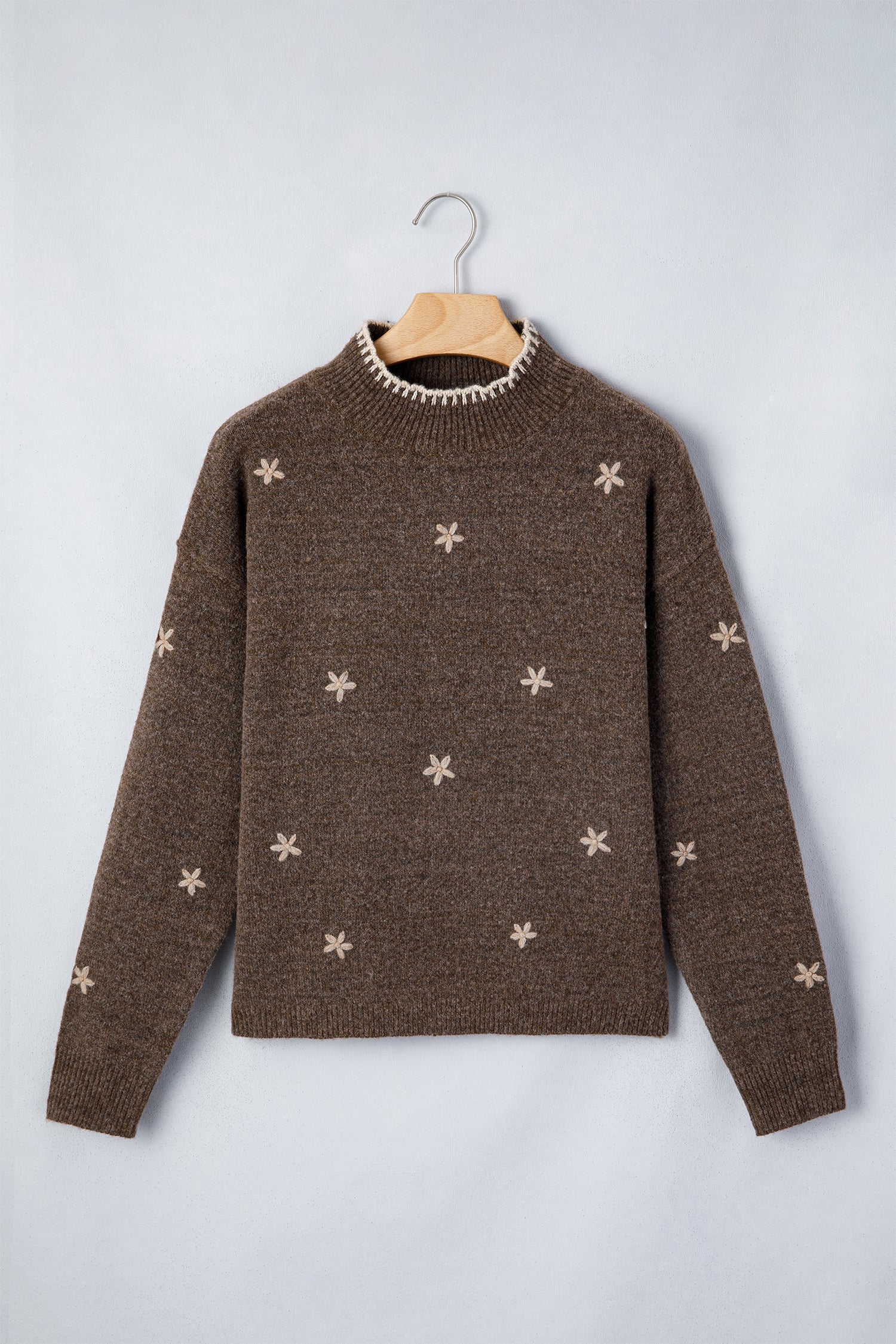 Chicory Coffee Floral Embroidered Mock Neck Long Sleeve Sweater with floral detail and embroidered detail women's boutique fashion
