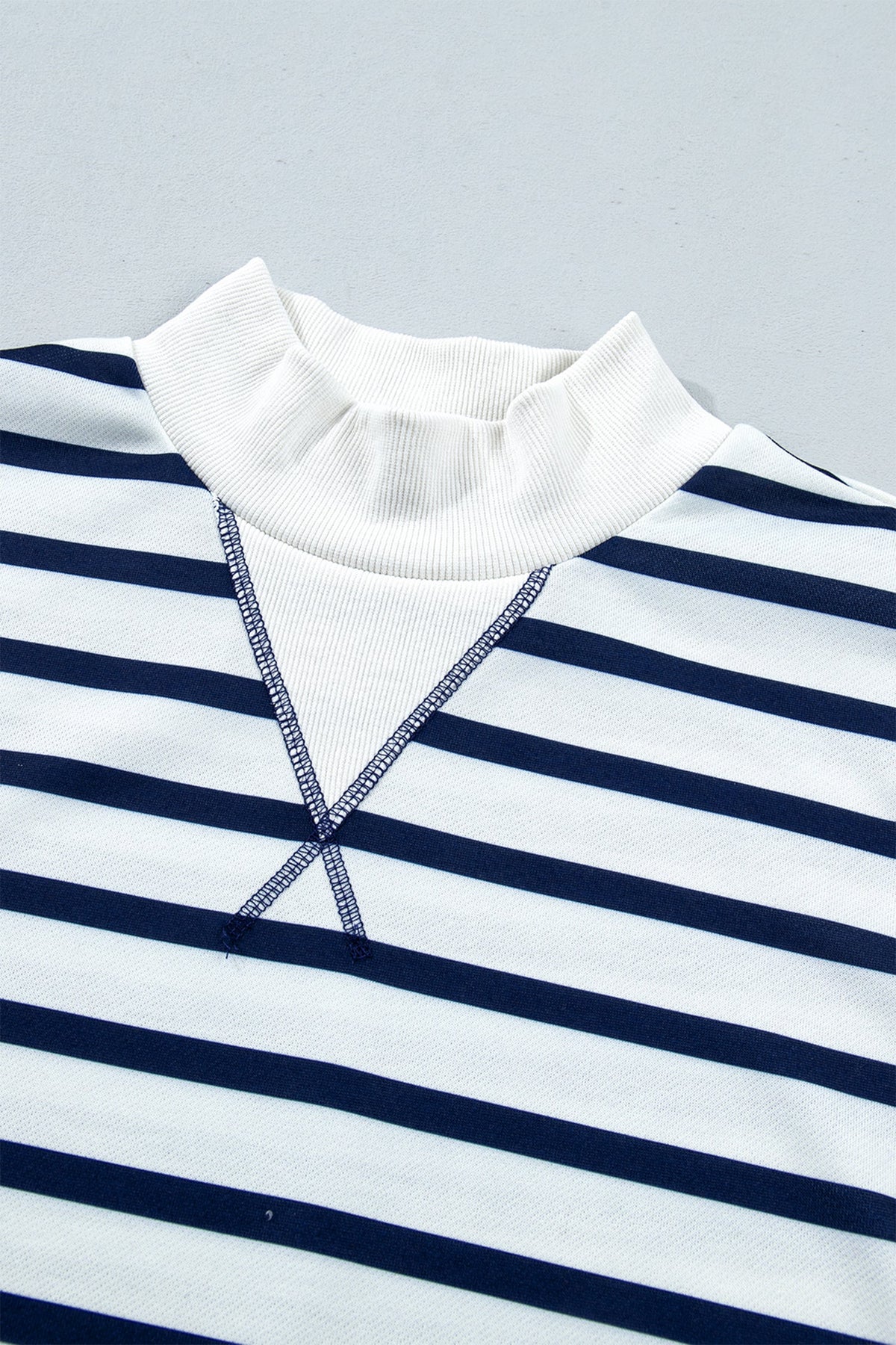 Blue Stripe Ribbed Trim Stand Neck Sweatshirt featuring boutique-style details and relaxed everyday fit