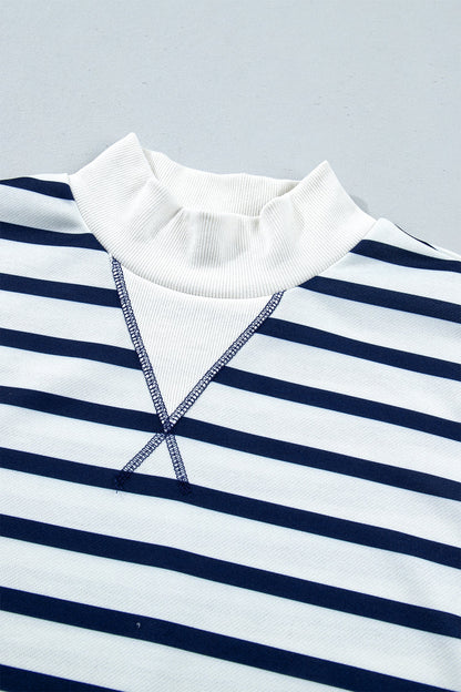 Blue Stripe Ribbed Trim Stand Neck Sweatshirt featuring boutique-style details and relaxed everyday fit