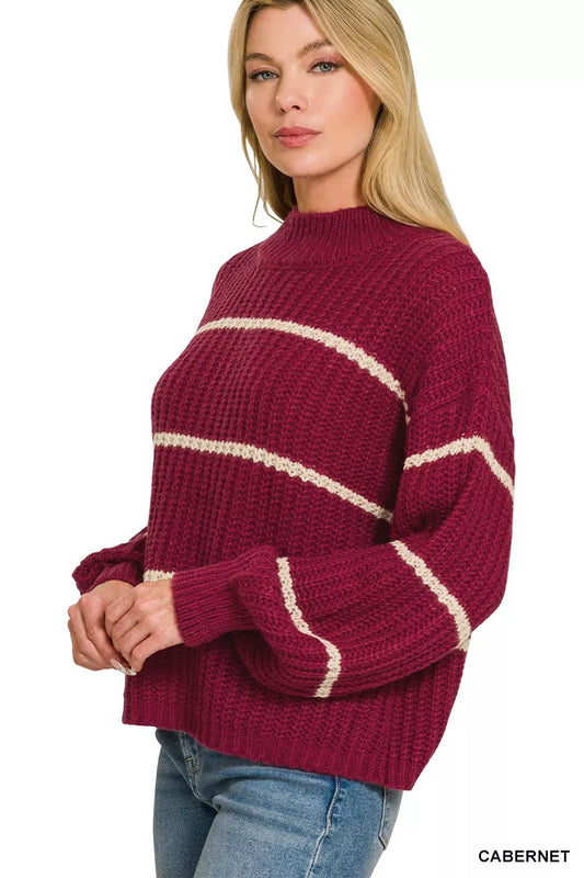 Oversized cabernet striped sweater with soft knit fabric, ribbed trim, relaxed boutique fall style view 2