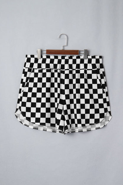 plus size black checker athleisure shorts with pockets for women