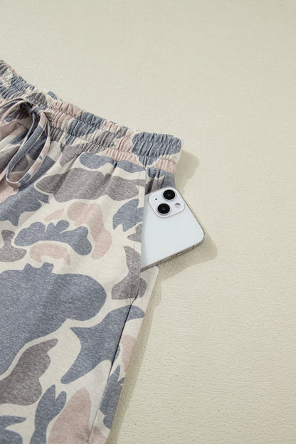 Multicolour Mya multicolor camo tee and shorts set with loose fit, elastic waist shorts, and relaxed boutique loungewear style