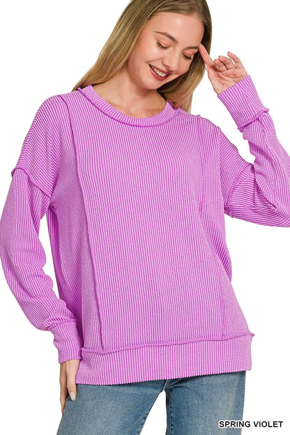 Zenana Corded Rib Long Sleeve Round Neck Top boutique fashion apparel with stylish details and comfortable fit