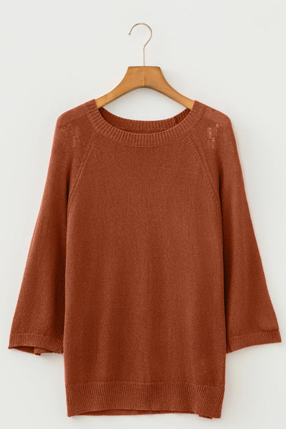 Ribbed Knit Round Neck 3/4 Sleeve Sweater