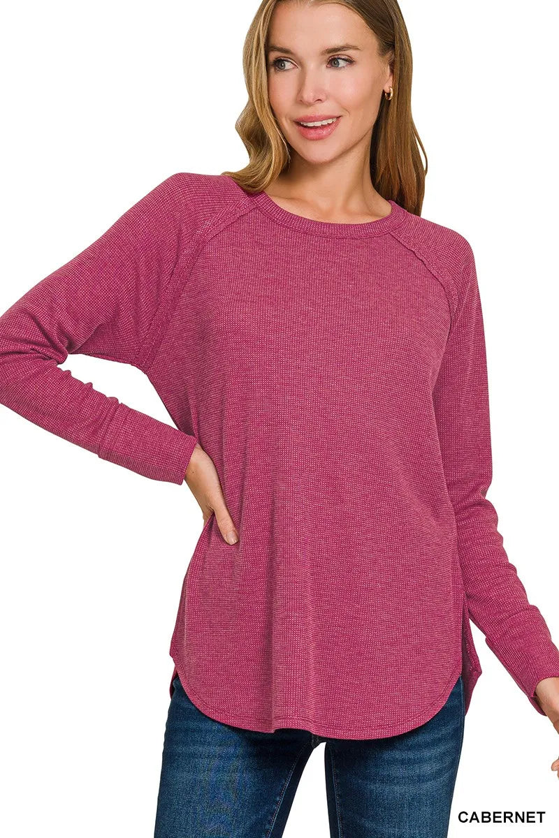 Zenana Baby Waffle Long Sleeve Top boutique fashion apparel with stylish details and comfortable fit