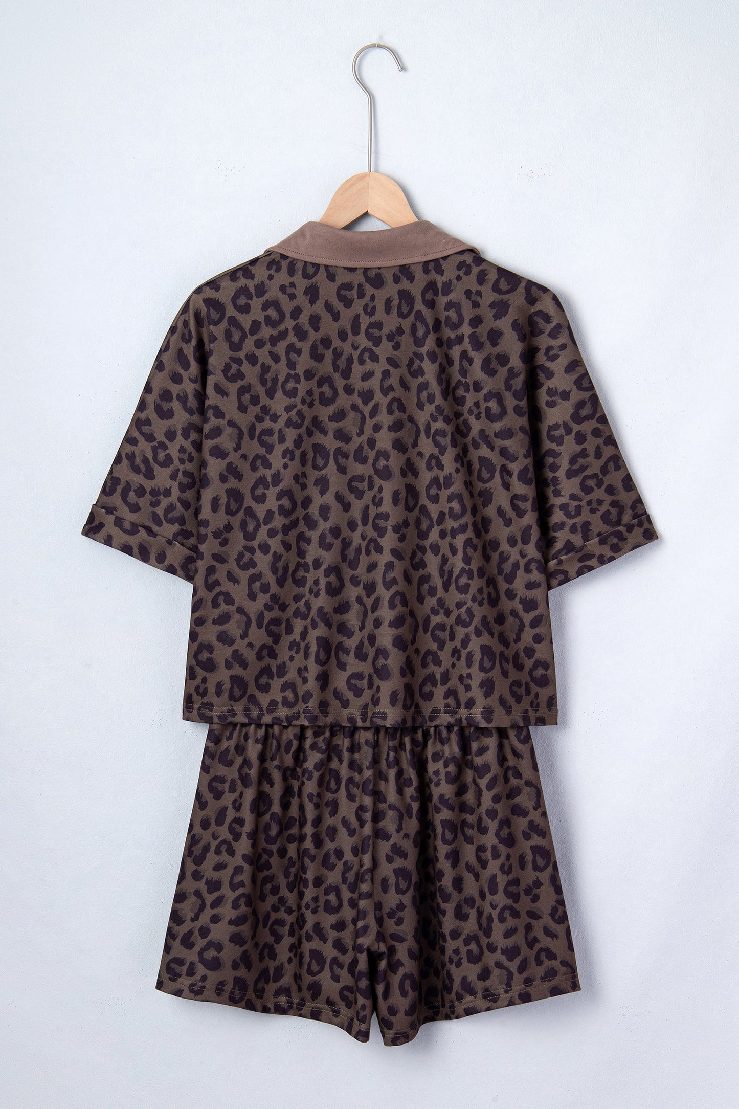 Brown leopard print collared V-neck top and matching shorts set boutique outfit