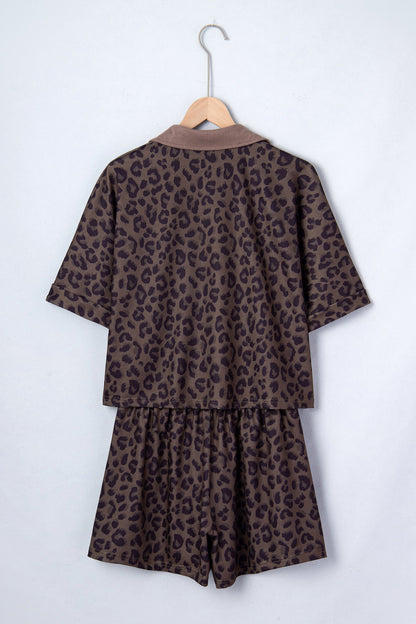 Brown leopard print collared V-neck top and matching shorts set boutique outfit