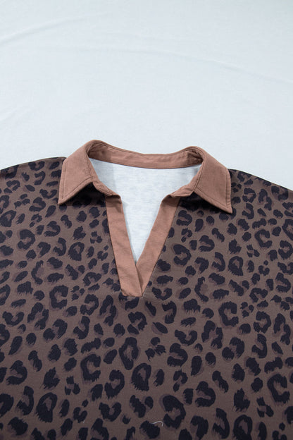Plus Size Leopard Collared Top & Drawstring Shorts Set