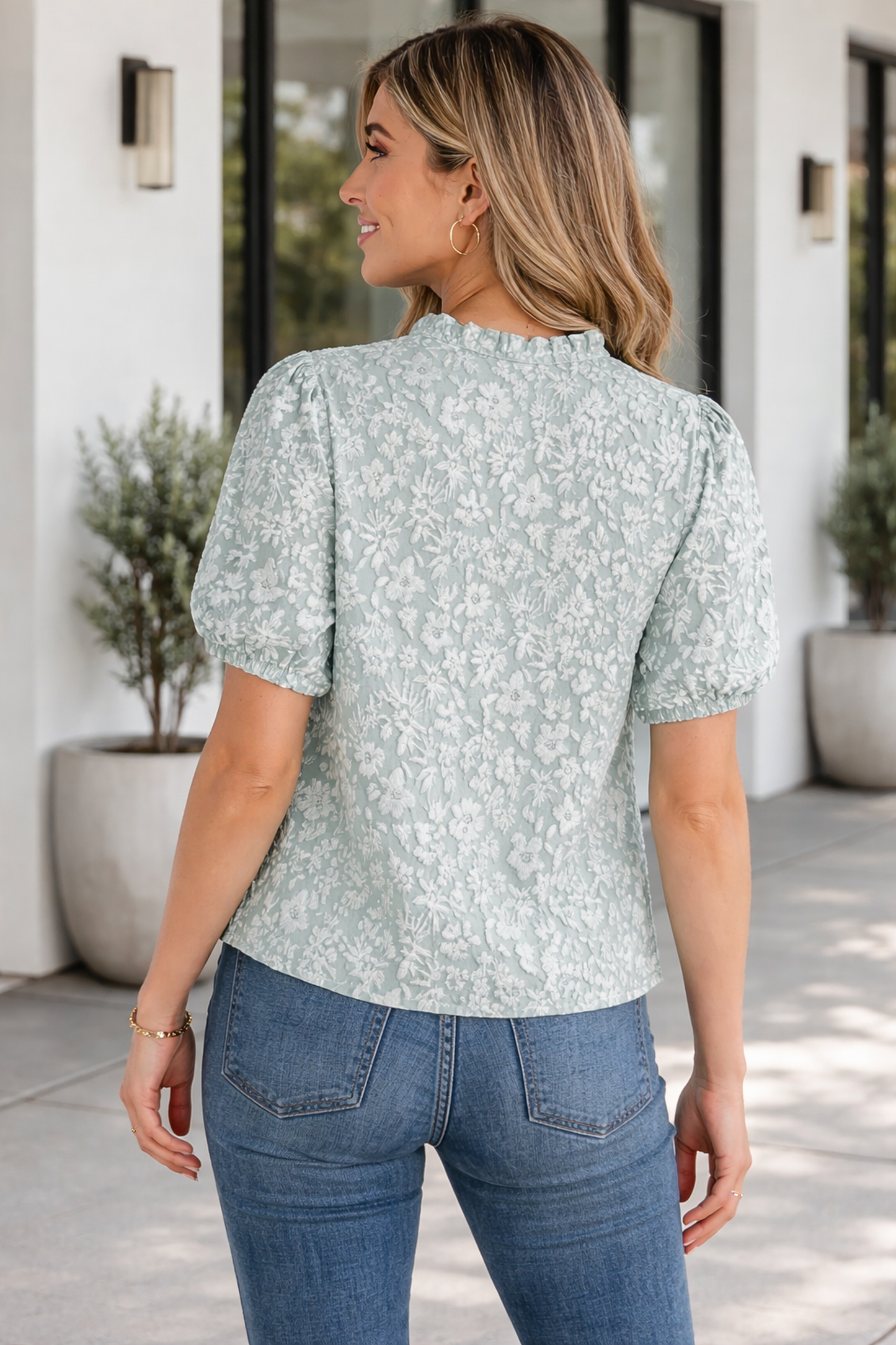 Adalyn Jacquard Puff Sleeve Blouse in Iceland Blue women's boutique apparel