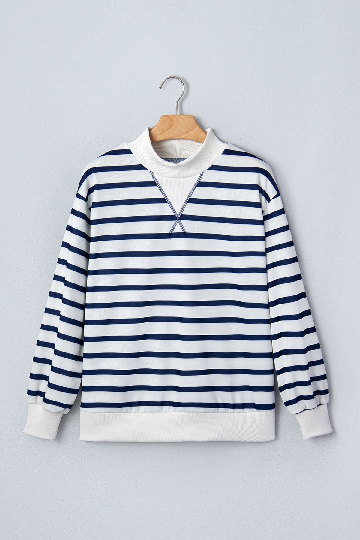 Blue Stripe Ribbed Trim Stand Neck Sweatshirt featuring boutique-style details and relaxed everyday fit