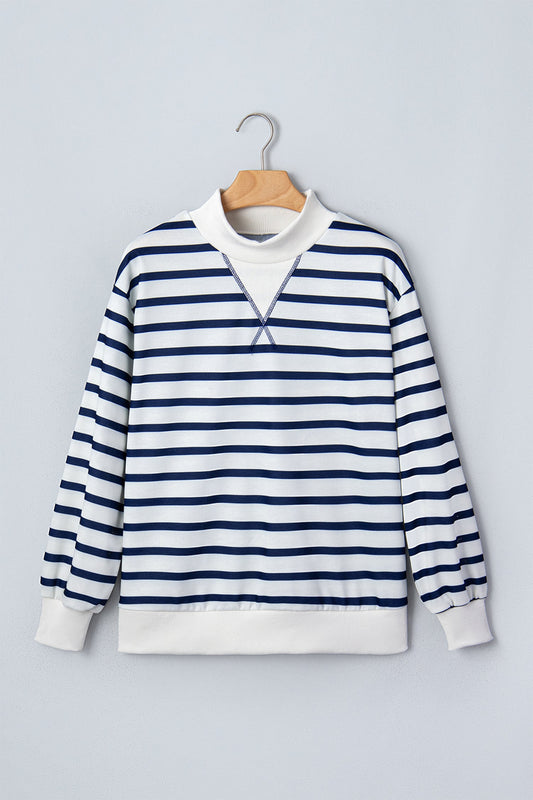 Blue Stripe Ribbed Trim Stand Neck Sweatshirt featuring boutique-style details and relaxed everyday fit