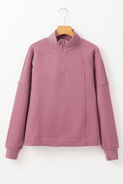 fuchsia zip neck drop shoulder relaxed boutique sweatshirt