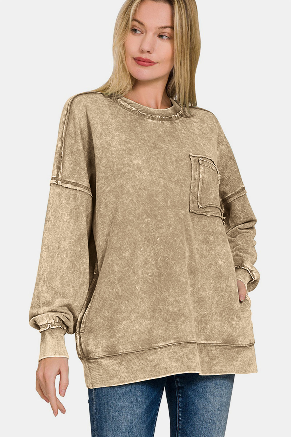 Zenana Mocha Exposed Seam Round Neck Dropped Shoulder Sweatshirt