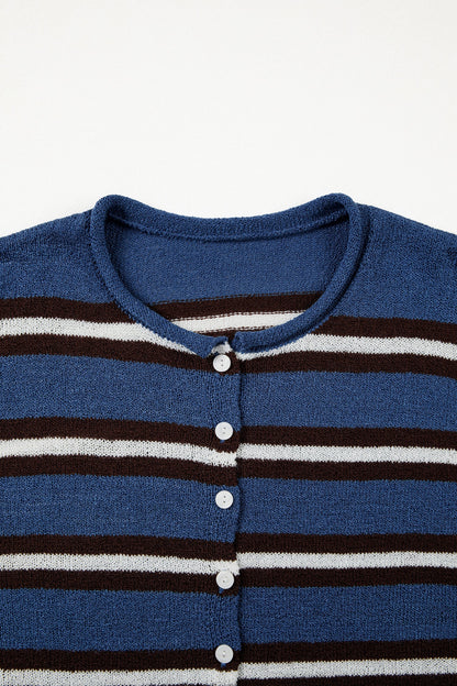 multiple colors Stripe Drop Shoulder Button Cardigan with soft knit, drop shoulders, and versatile button-front styling, boutique fashion