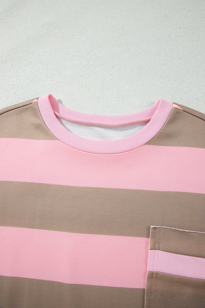 plus size pink stripe raw seam drop shoulder oversized boutique sweatshirt