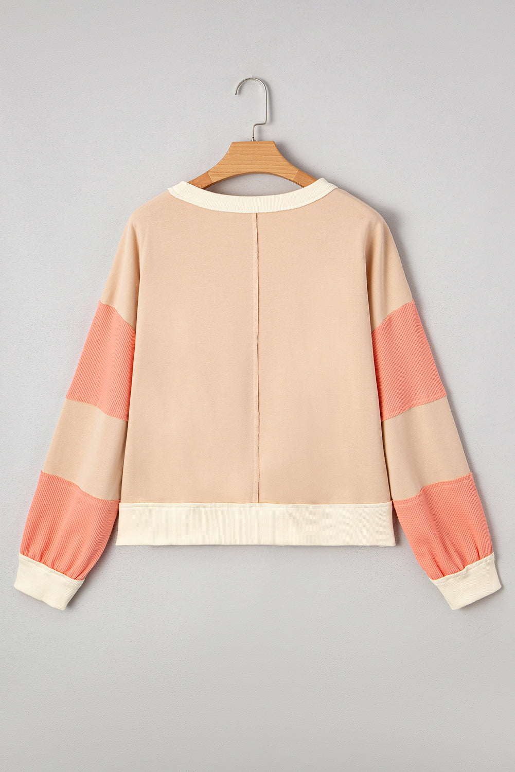 Light French Beige Colorblock Waffle Knit Patchwork Sweatshirt featuring boutique-style details and relaxed everyday fit