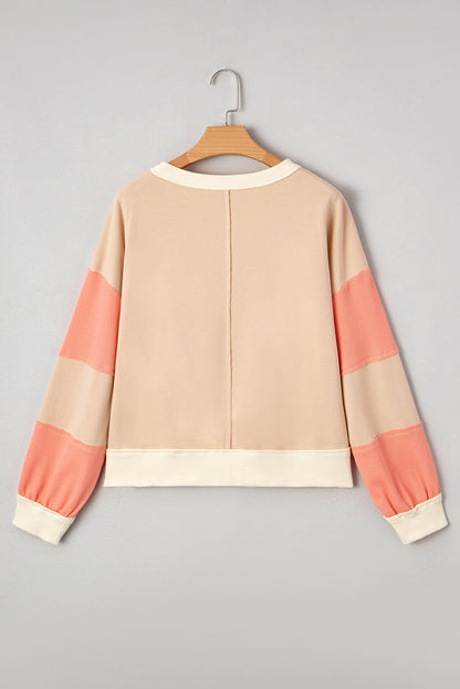 Light French Beige Colorblock Waffle Knit Patchwork Sweatshirt featuring boutique-style details and relaxed everyday fit