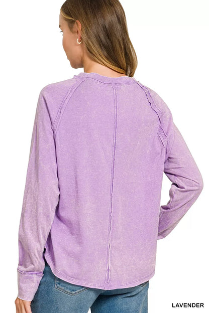 Lavender washed cotton long sleeve top with crew neck, exposed seams, and raw hem - view 3