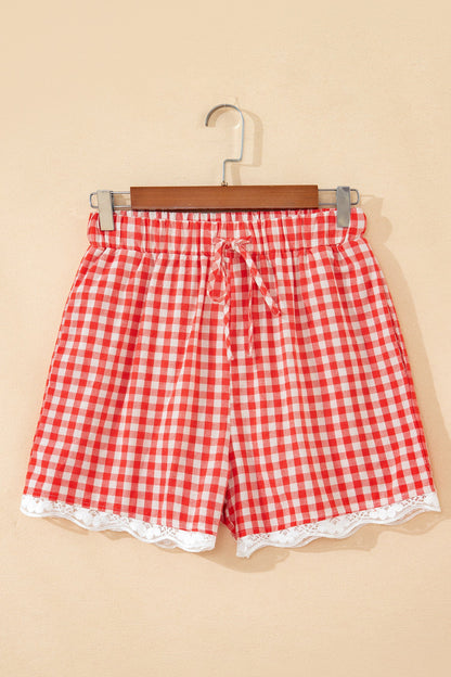 Red gingham plaid tie waist lace hem shorts with feminine boutique summer style