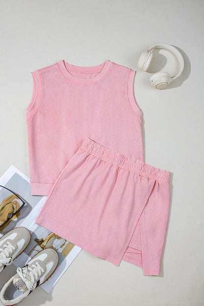 Light Pink Mineral wash tank top and lined skort set with soft washed color, comfortable fit, and sporty boutique summer style
