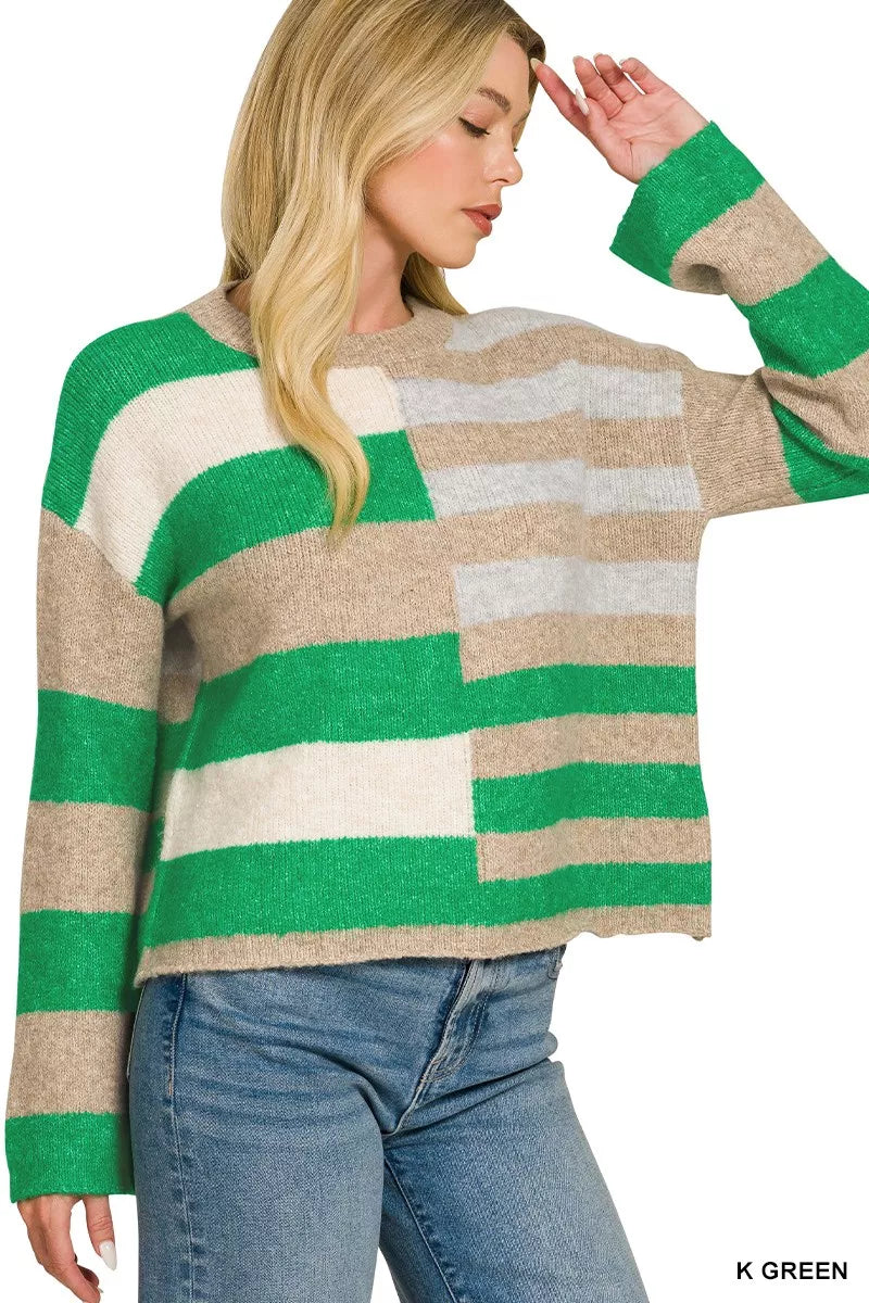 Kelly green color block wool blend sweater with ribbed trim and relaxed fit - view 2