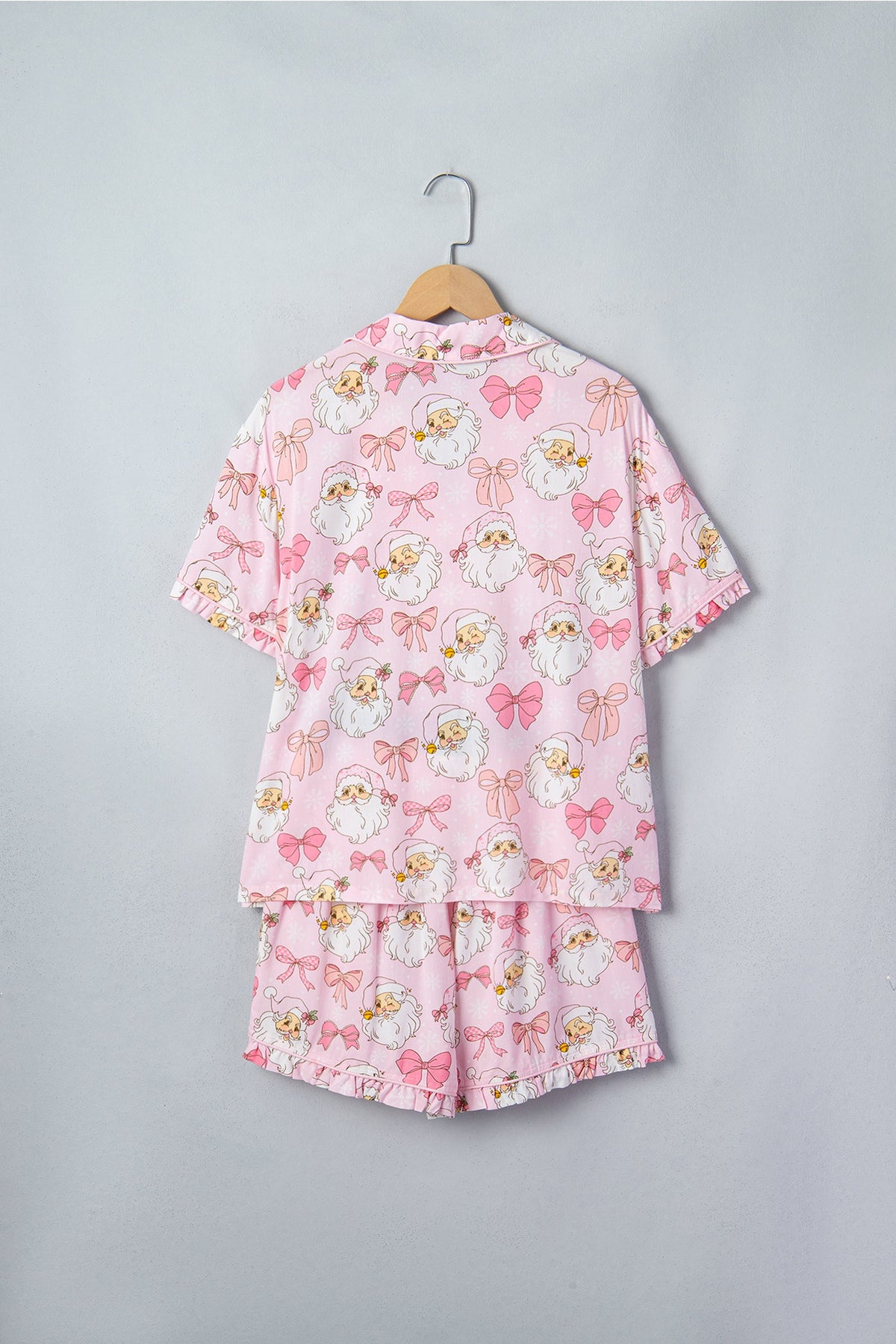 pink Santa and bow print collared top and shorts boutique pajama set