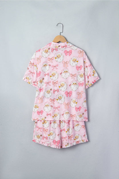 pink Santa and bow print collared top and shorts boutique pajama set