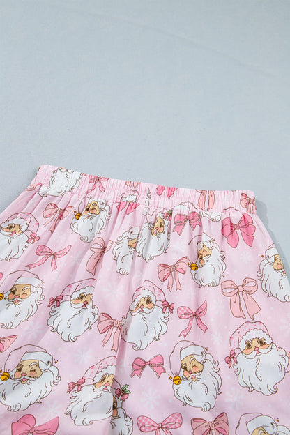 pink Santa and bow print collared top and shorts boutique pajama set