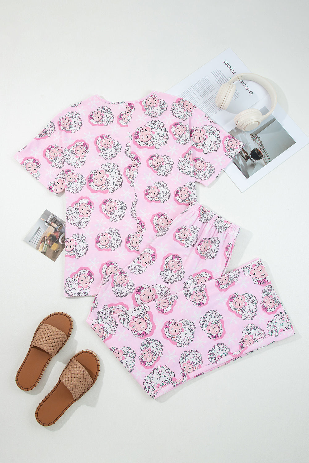 pink Santa Christmas V-neck tee and drawstring pants boutique pajama set