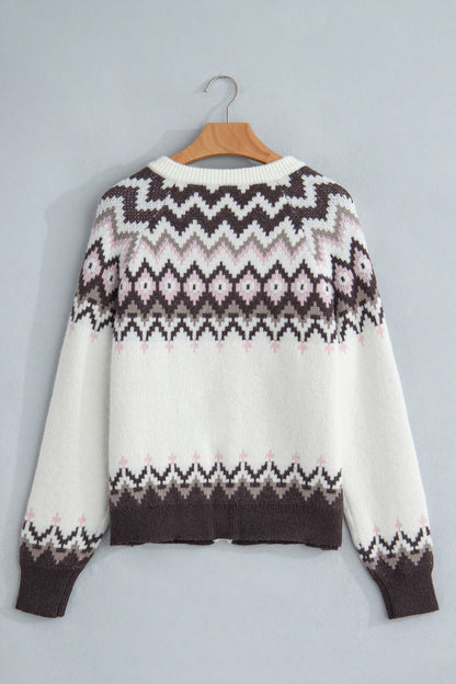 Geometric Fair Isle Brushed Knit Buttoned Cardigan