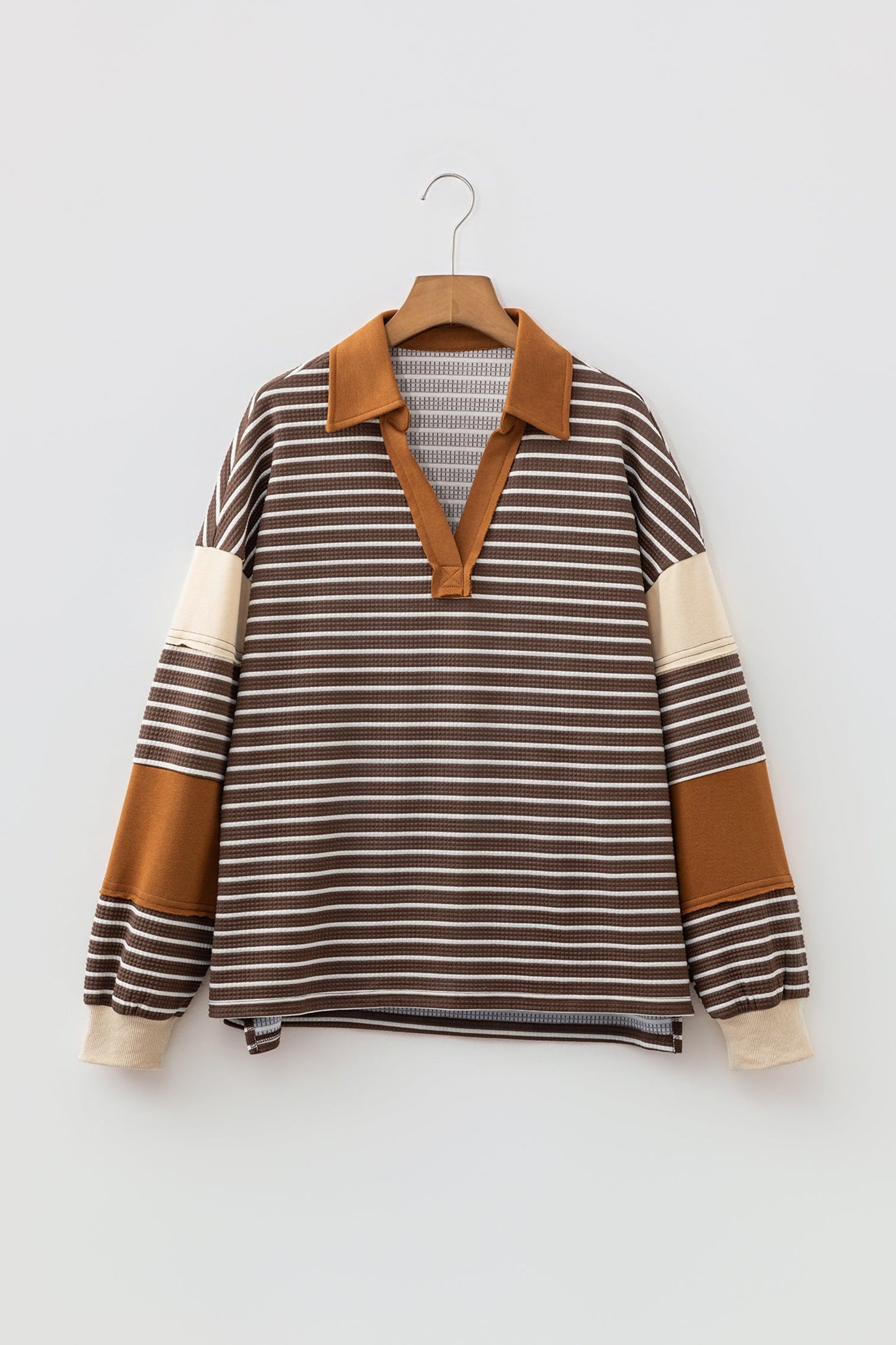 Brown Stripe Colorblock Collared V-Neck Long Sleeve Top featuring boutique-style details and relaxed everyday fit