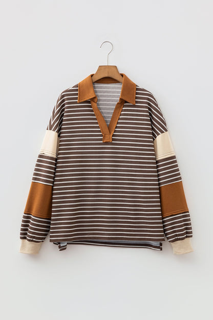 Brown Stripe Colorblock Collared V-Neck Long Sleeve Top featuring boutique-style details and relaxed everyday fit
