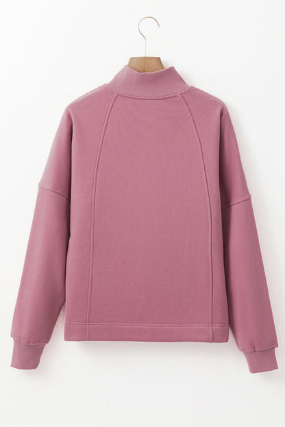 fuchsia zip neck drop shoulder relaxed boutique sweatshirt