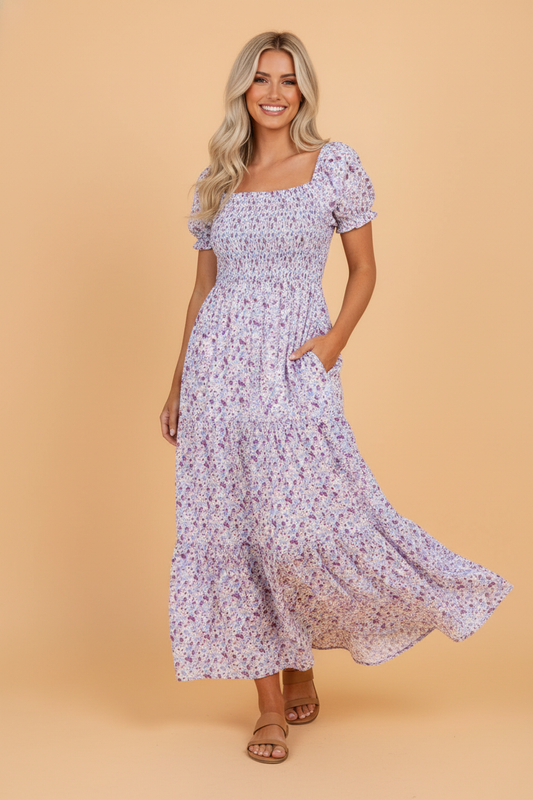 Floral Bubble Sleeve Shirred Waist Maxi Dress boutique fashion by Mollie Mae Boutique