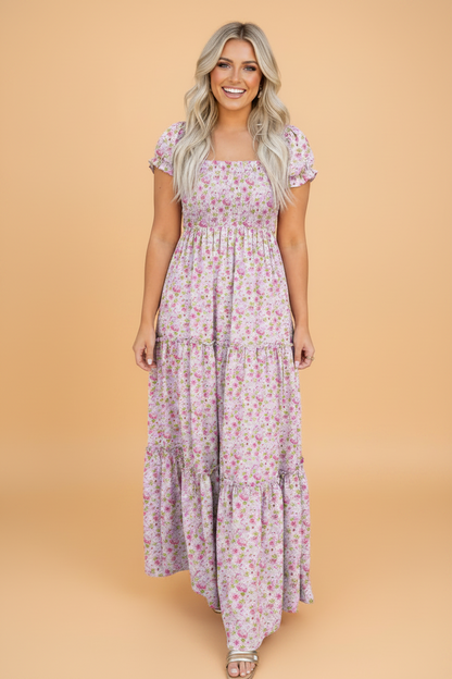 Floral Bubble Sleeve Shirred Waist Maxi Dress