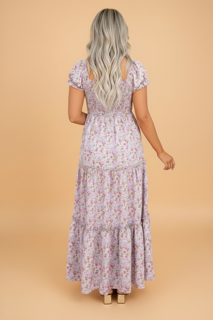 Floral Bubble Sleeve Shirred Waist Maxi Dress