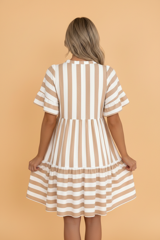 Stripe Tie V-Neck Ruffle Trim Mini Dress