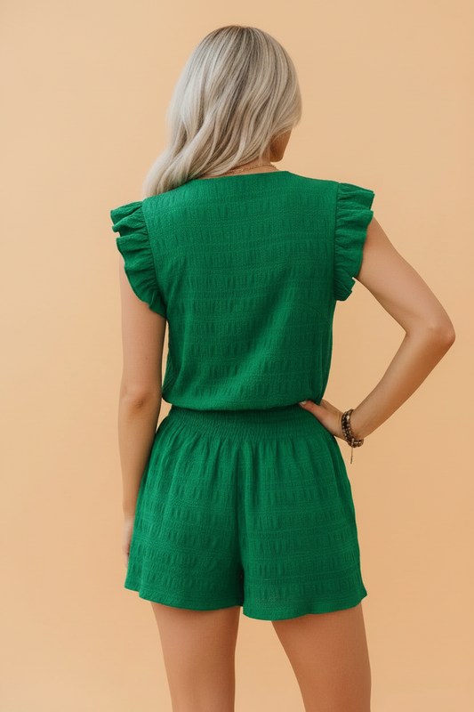 Solid Textured Square Neck Top & Shorts Set
